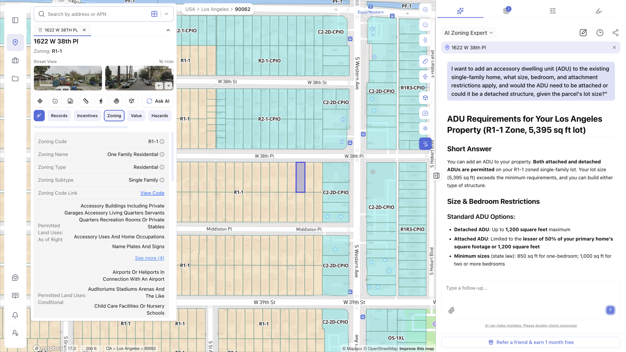 Screenshot of an AI-powered zoning research tool showing a Los Angeles property map with color-coded zoning districts (R1-1, R2-1-CPIO, C2-2D-CPIO) alongside an AI chat panel answering a question about ADU (accessory dwelling unit) size, bedroom, and attachment requirements for a single-family R1-1 zoned lot.