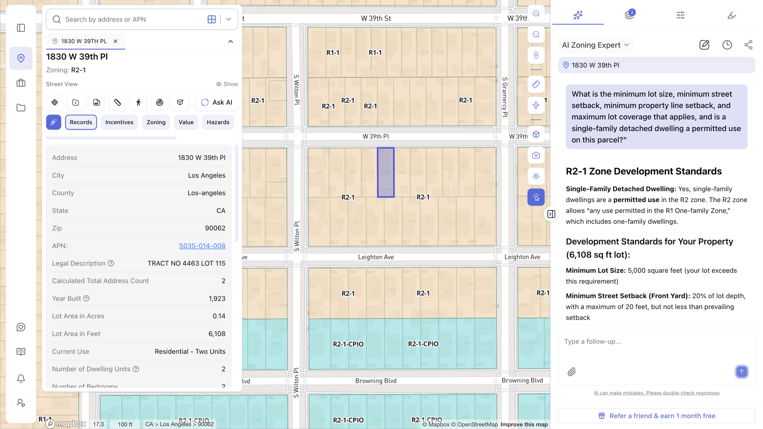 Screenshot of an AI-powered zoning research tool showing a Los Angeles R2-1 zoned parcel with property records (lot size, year built, dwelling units) alongside an AI chat panel explaining minimum lot size, setback, and single-family dwelling permitted-use requirements for the property.
