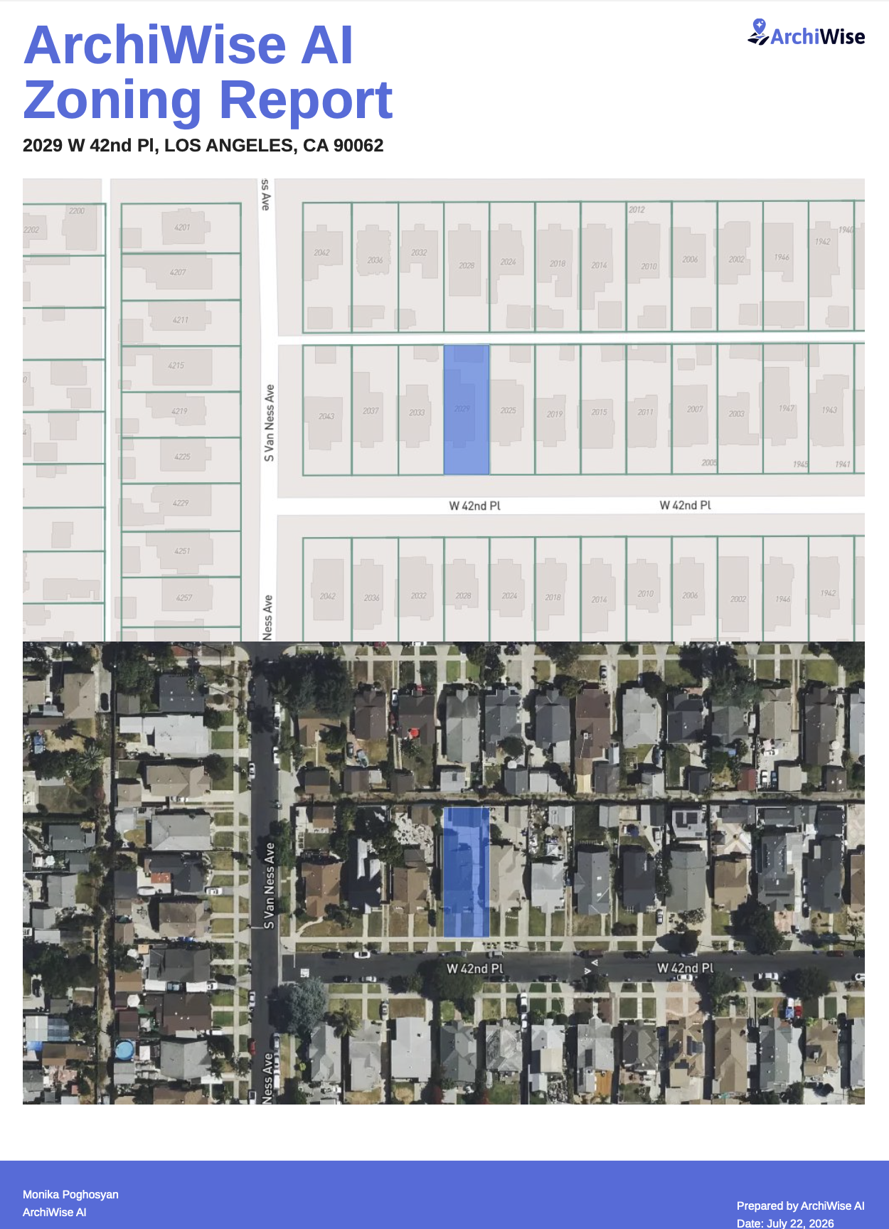 Cover page of an ArchiWise AI Zoning Report for the property at 2029 W 42nd Pl, Los Angeles, CA 90062, featuring a parcel map and satellite aerial view highlighting the subject lot in blue along S Van Ness Ave near W 42nd Pl, prepared by ArchiWise AI and dated July 22, 2026.
