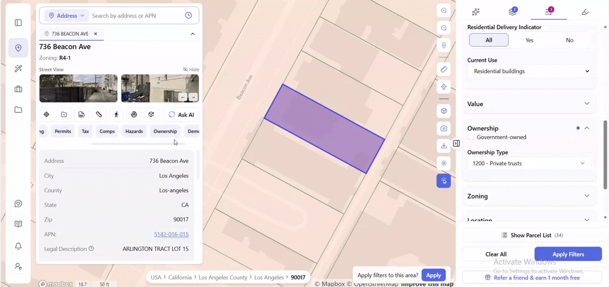 ArchiWise Ownership tab for 736 Beacon Ave showing Owner Occupied status, local mailing address, Estimated Equity of $1,258,000 at 100 percent, 8 linked properties, and a 6.5-year hold period rated Potential Sell Candidate