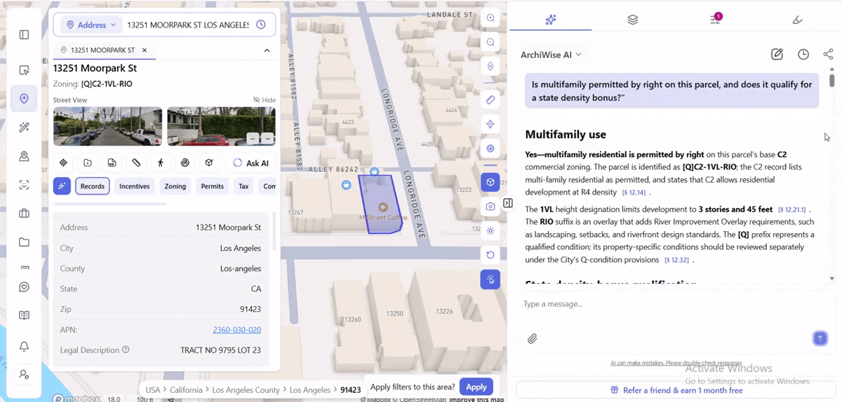 ArchiWise AI chat answering whether multifamily is permitted by right on a parcel, with zoning code citations and source list.