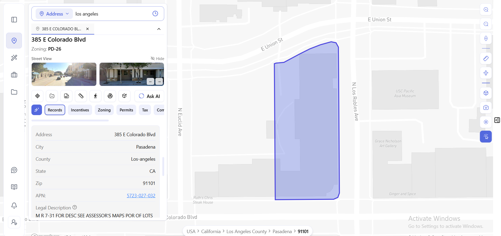 ArchiWise Records tab for 385 E Colorado Blvd, Pasadena, showing address, city, county, state, zip, APN 5723-027-032, and legal description, with the parcel boundary highlighted on the map