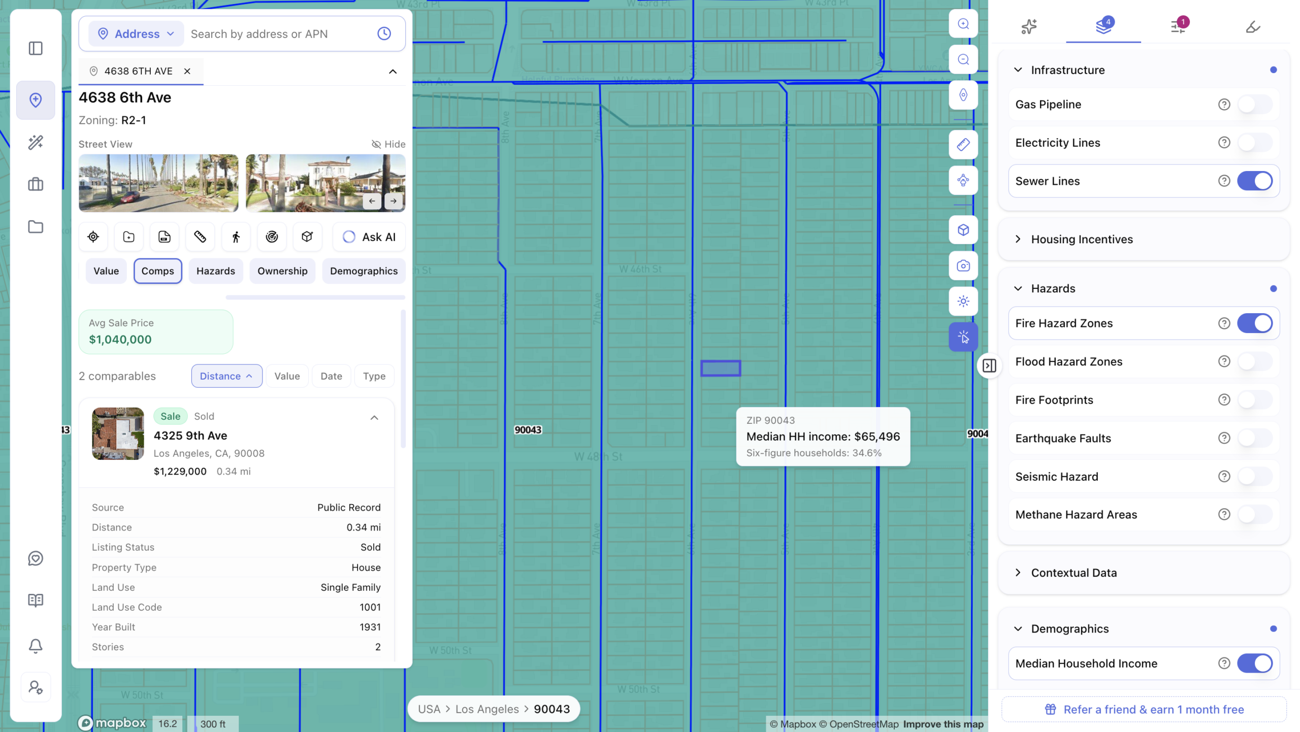 Screenshot of a real estate mapping app showing a map overlay of ZIP code 90043 in Los Angeles with a median household income tooltip displaying $65,496 and 34.6% six-figure households. The left panel shows a comparable sales analysis for a property at 4638 6th Ave zoned R2-1, listing an average sale price of $1,040,000 and details for a comparable sold property at 4325 9th Ave. The right panel displays a Map Layers menu with Sewer Lines and Fire Hazard Zones toggled on, along with a Median Household Income demographic layer enabled.