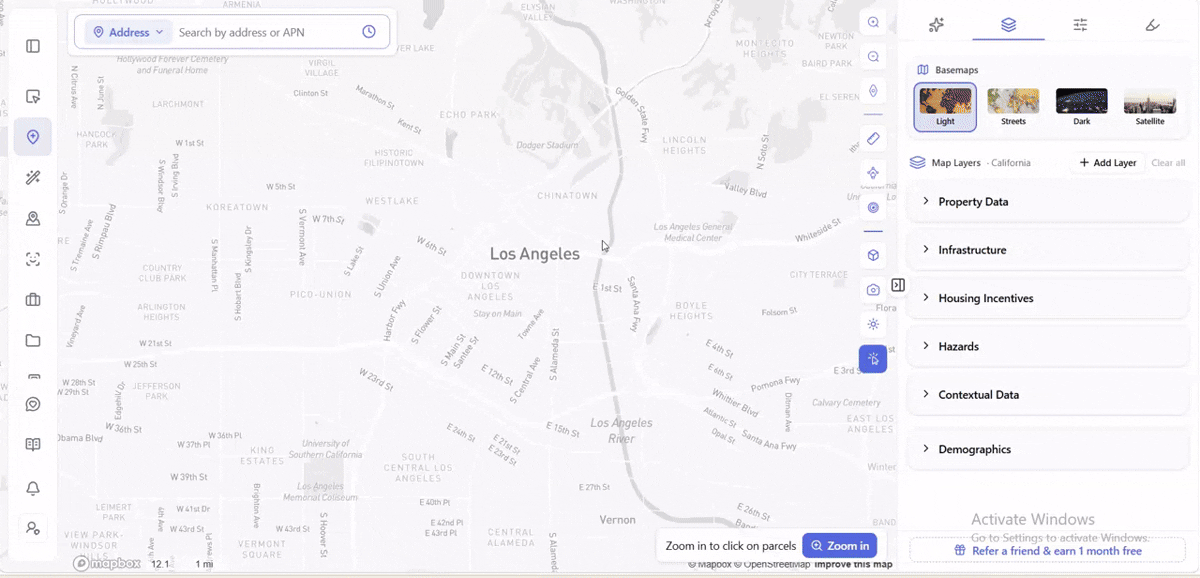 ArchiWise Demographics map layer cycling through median household income, homeownership rate, rent burden, population density, and median rent across Los Angeles zip codes.