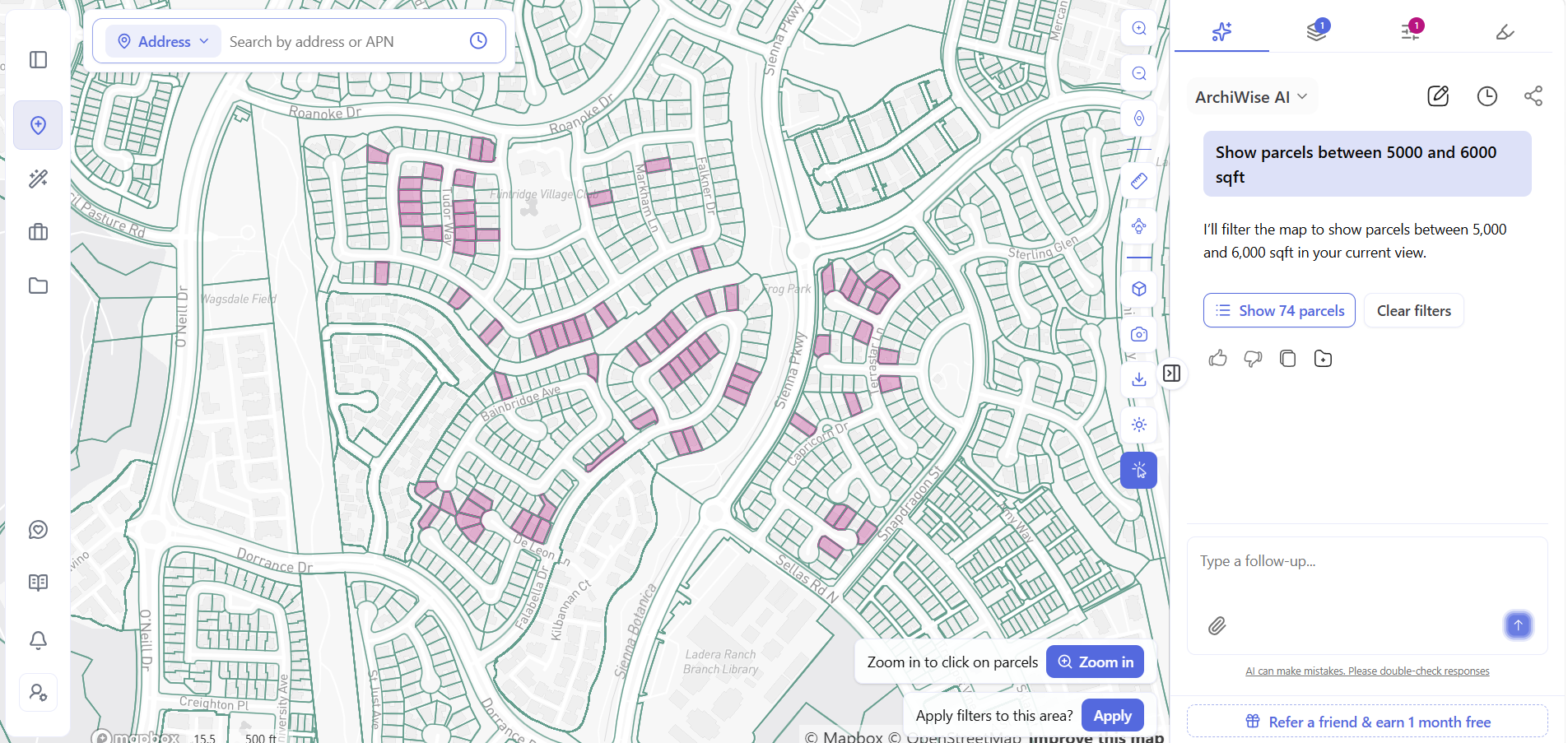 ArchiWise AI chat responding to 'show parcels between 5,000 and 6,000 sqft' with a Show 74 Parcels button, matching parcels shaded across a residential map.