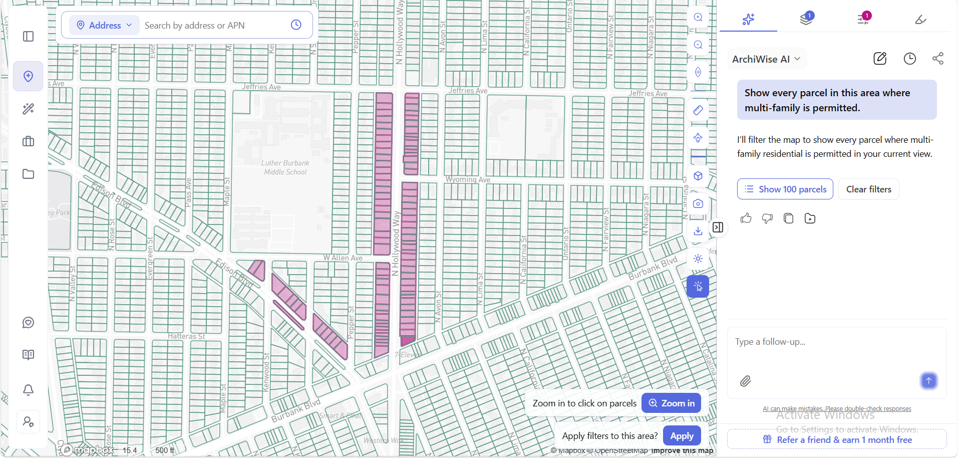ArchiWise AI filtering a map view for parcels where multi-family is permitted, with 100 matching parcels highlighted.