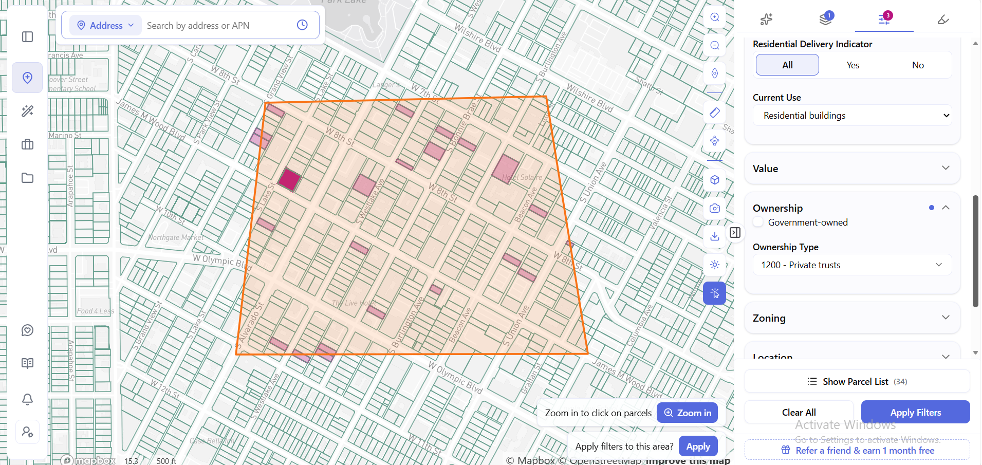 ArchiWise drawn search area filtered by Ownership Type 1200 Private trusts and Current Use Residential buildings, returning 34 matching parcels highlighted across the polygon