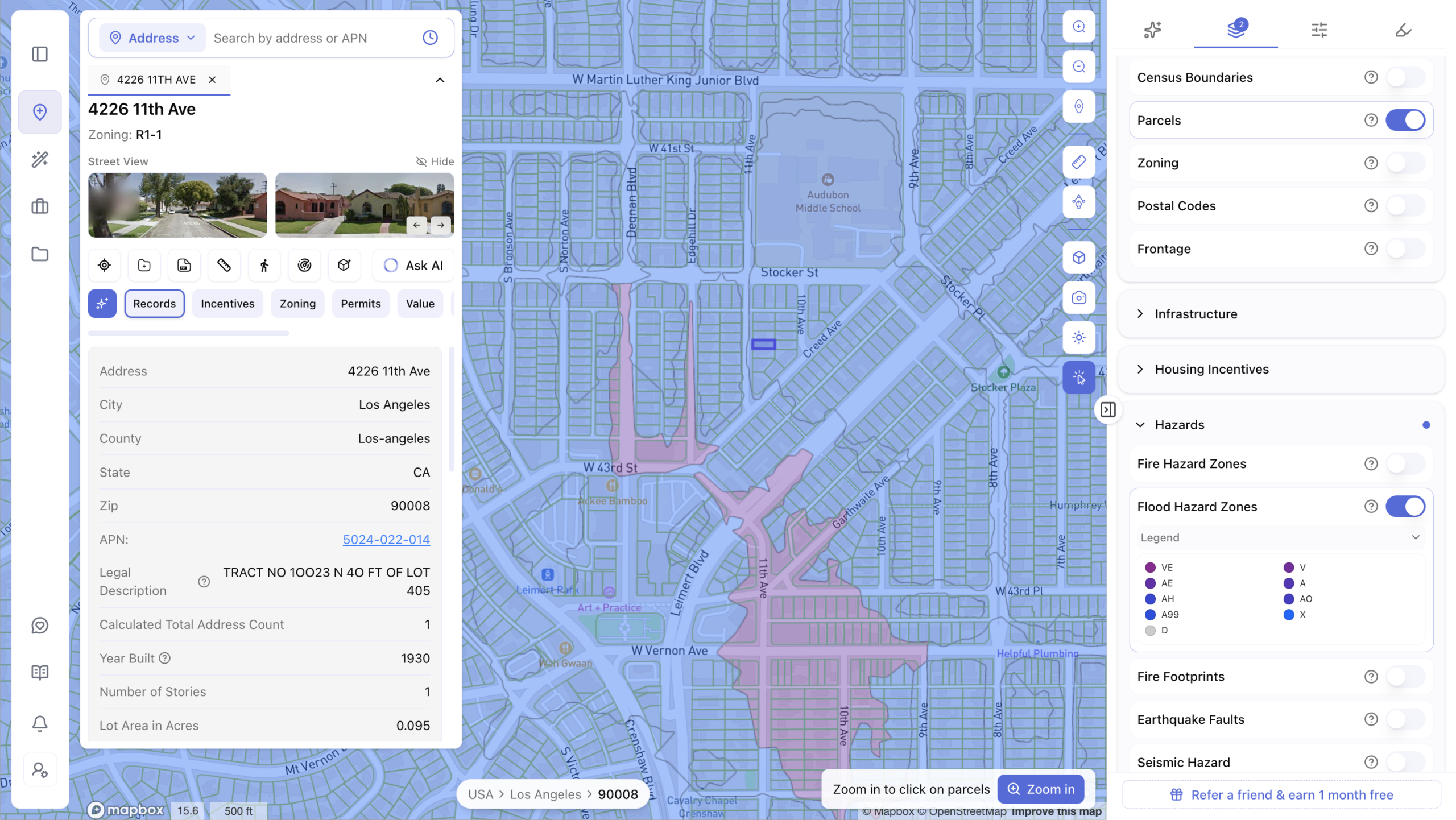 Screenshot of a real estate mapping app showing a flood hazard zone overlay near Leimert Park and Crenshaw Blvd in Los Angeles, with blue and pink shaded areas indicating different flood risk classifications. The left panel displays property records for 4226 11th Ave, zoned R1-1, including APN, legal description, year built, and lot size. The right panel shows a Map Layers menu with Parcels and Flood Hazard Zones toggled on, complete with a legend showing zone types (VE, AE, AH, A99, V, A, AO, X, D).