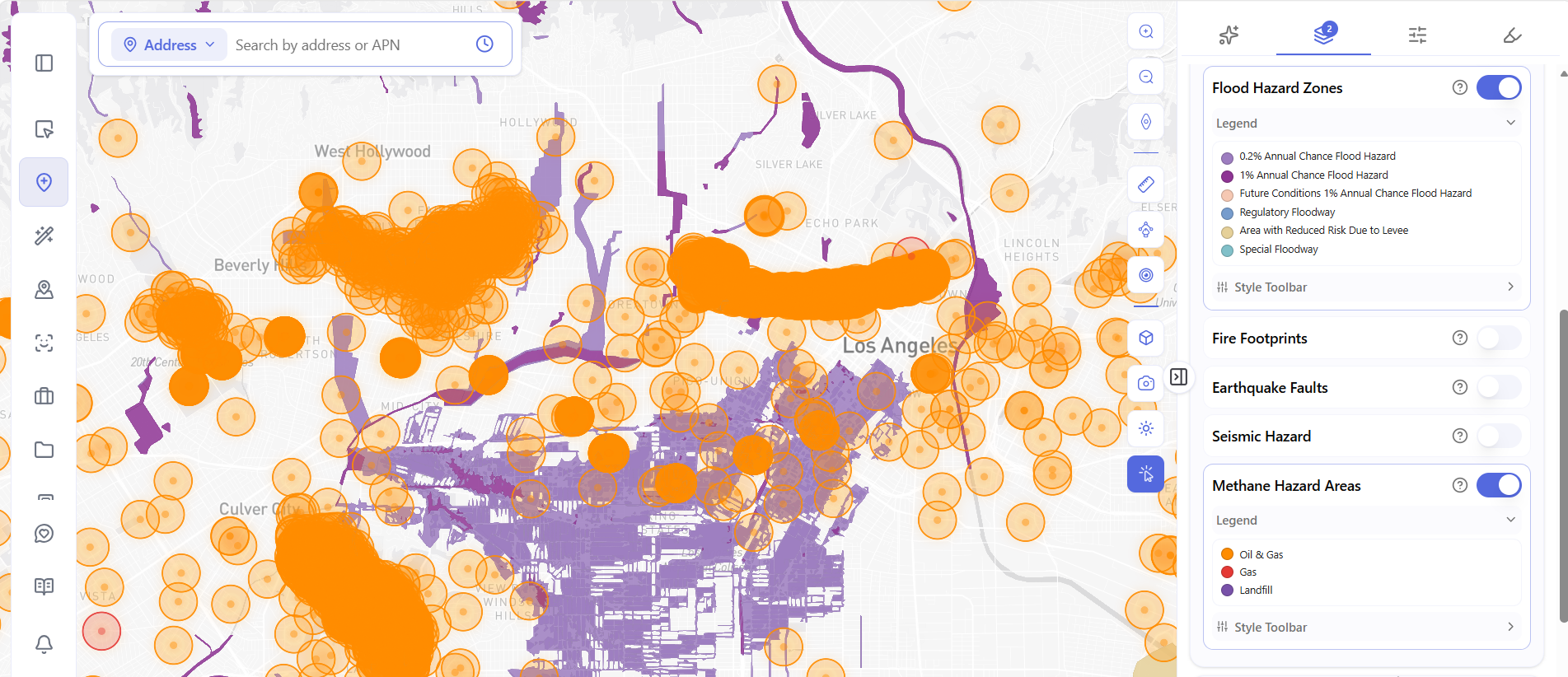 ArchiWise Hazards map layer showing Flood Hazard Zones and Methane Hazard Areas over west Los Angeles, with methane source points clustered across the area.