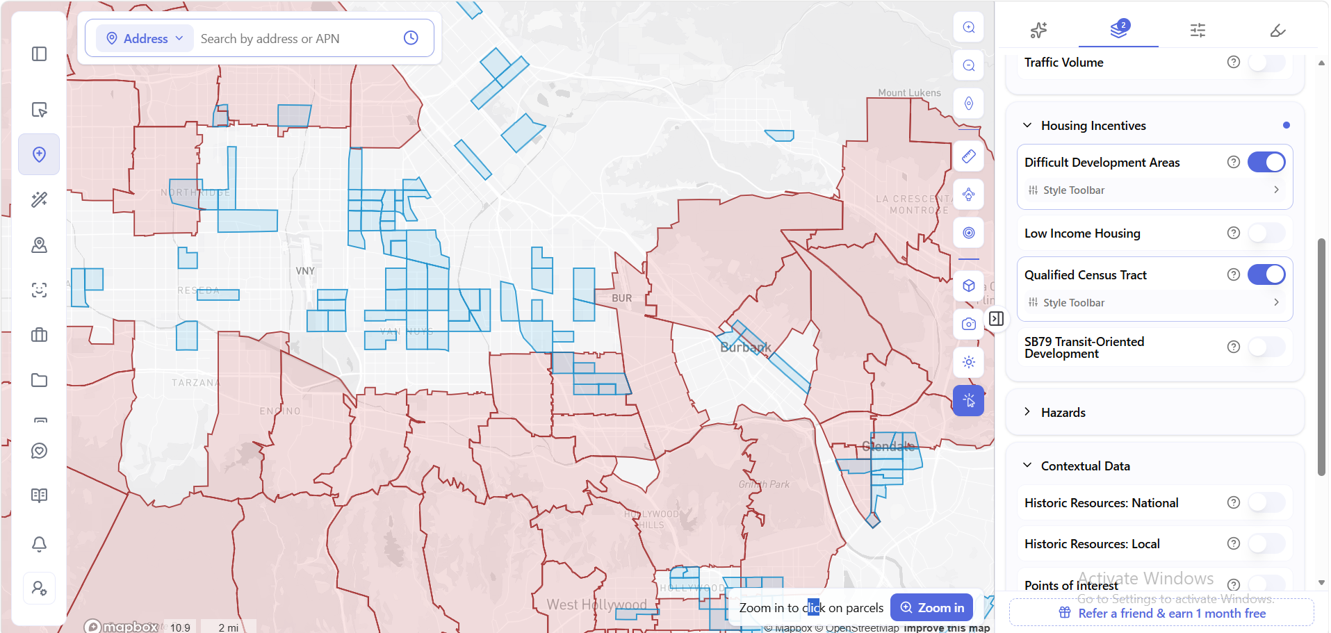 ArchiWise Housing Incentives map layer showing Difficult Development Areas and Qualified Census Tract boundaries overlapping across the San Fernando Valley.
