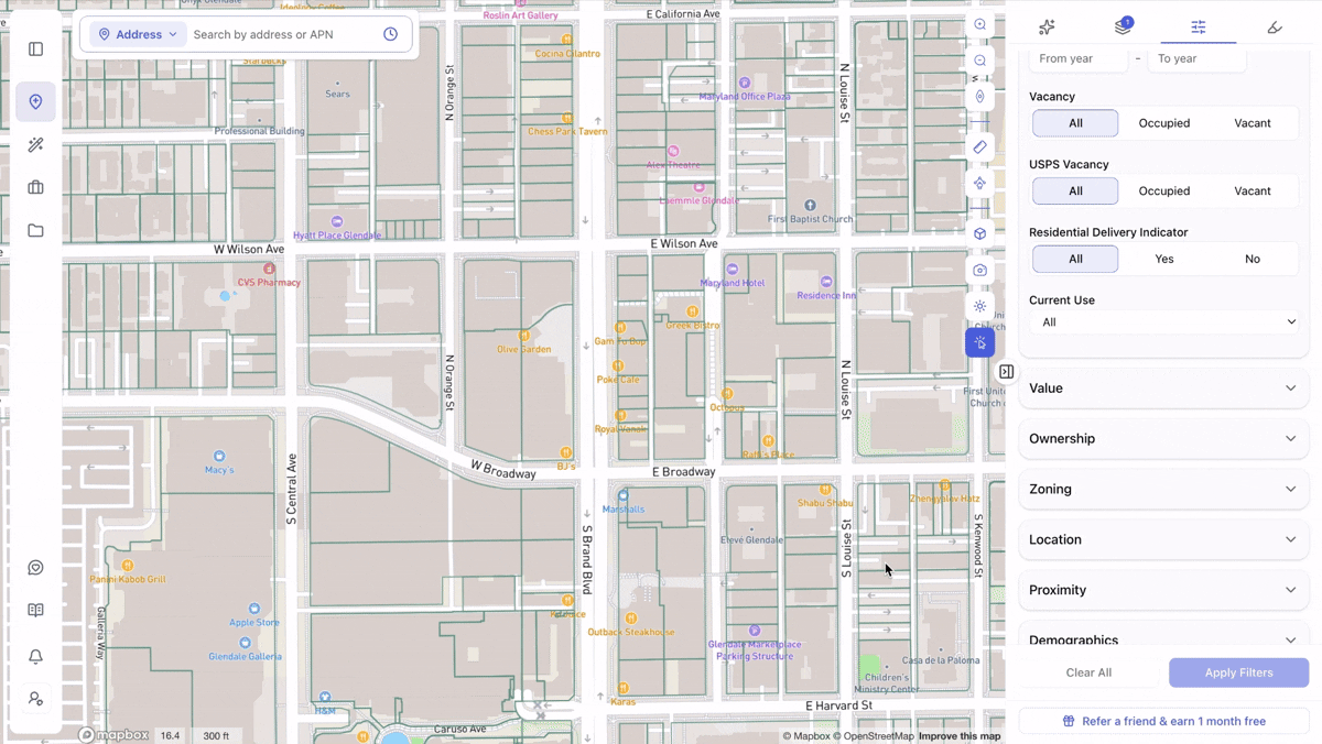 Applying the Government-owned ownership filter and a Vacant vacancy filter in ArchiWise, then running the search to highlight publicly owned vacant parcels across the map with a parcel count