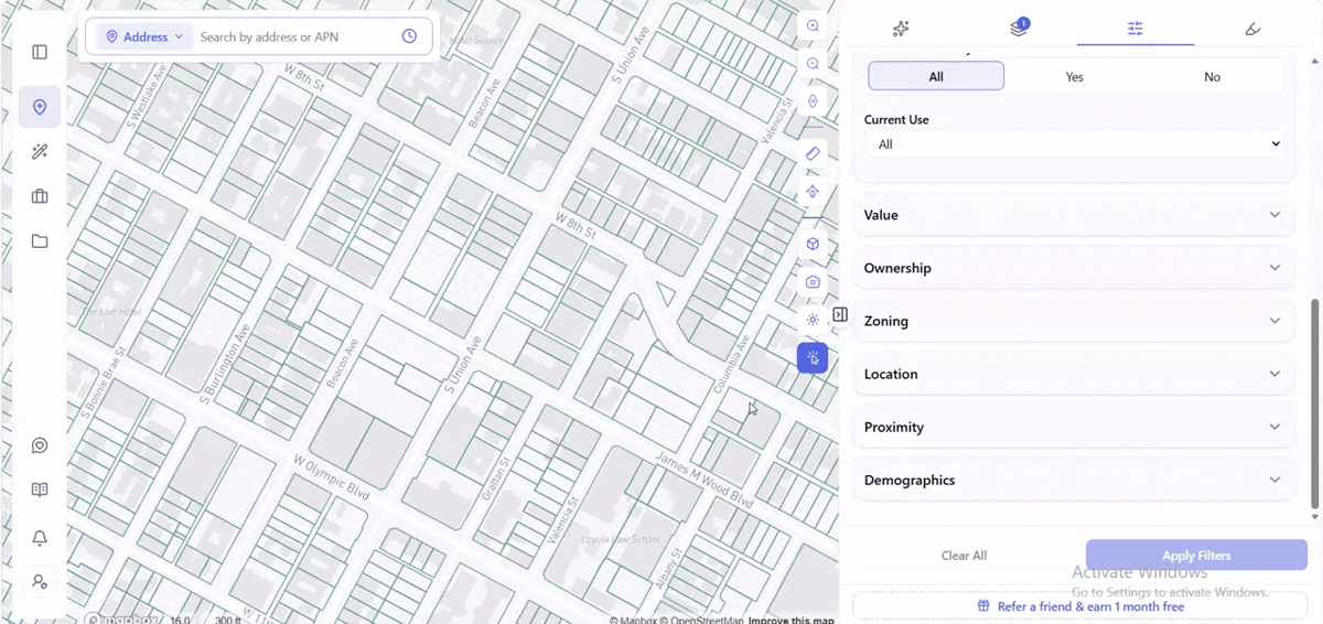 ArchiWise Filters panel with the Ownership section expanded, scrolling the numbered Ownership Type checklist from 1000 Private ownership through 8000 Joint ownership
