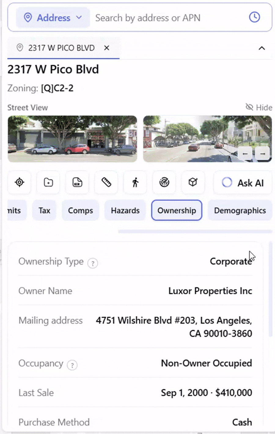 Scrolling through the Archiwise Ownership tab for 2317 W Pico Blvd, showing owner name, mailing address, hold period, and Sell Candidate rating.