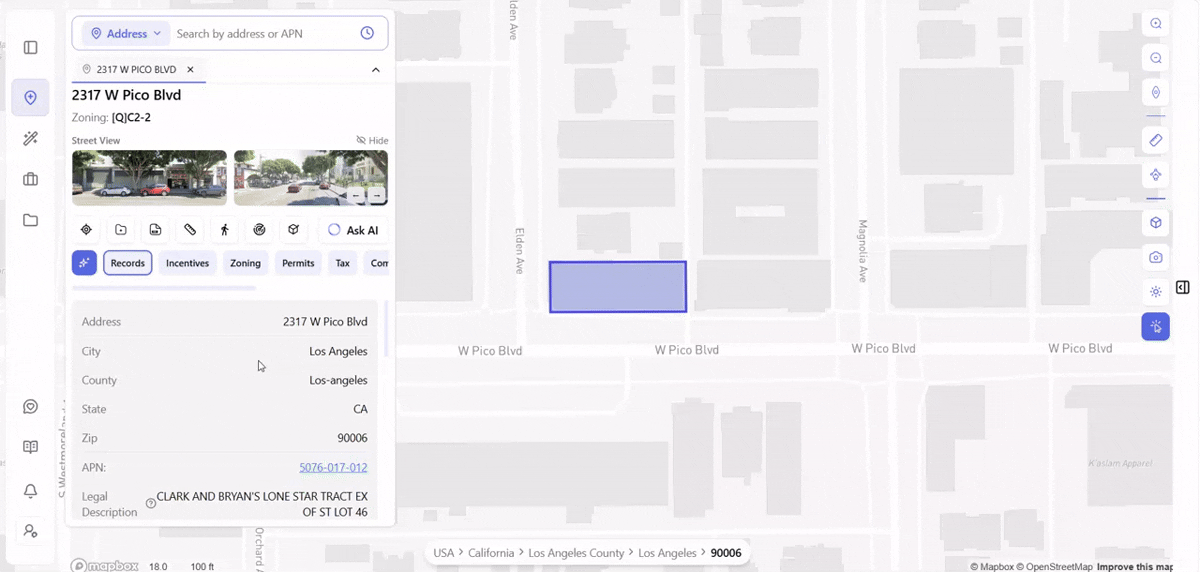 Scrolling through Archiwise's nine data tabs for 2317 W Pico Blvd, Los Angeles, ending on the Hazards tab showing fire, flood, seismic, methane, wildfire, and fault proximity results