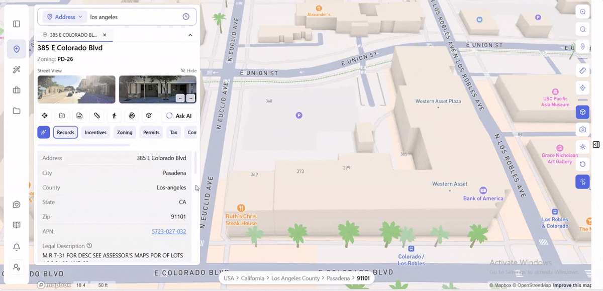 Scrolling through the ArchiWise Records tab for 385 E Colorado Blvd, showing lot area, lot width and depth, edge lengths, total building area, lot coverage, terrain roughness, parcel elevation, Qualified Opportunity Zone status, parcel records refresh date, and National Register historic designations