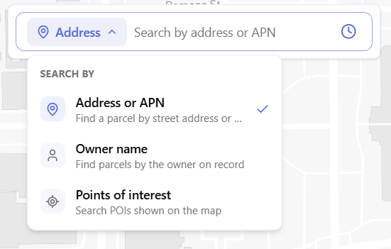 ArchiWise search dropdown expanded showing three search modes: Address or APN, Owner name, and Points of interest