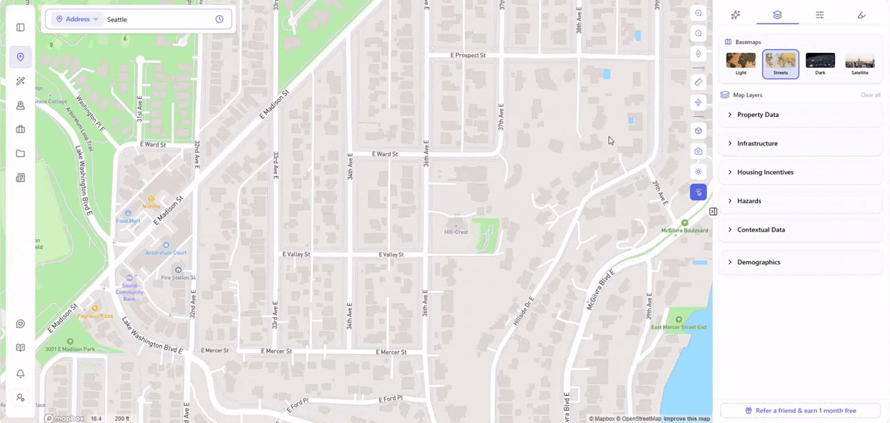 Archiwise's Frontage layer displaying lot frontage measurements from 60 to 205 feet across Neighborhood Residential parcels near 34th Ave E in Seattle
