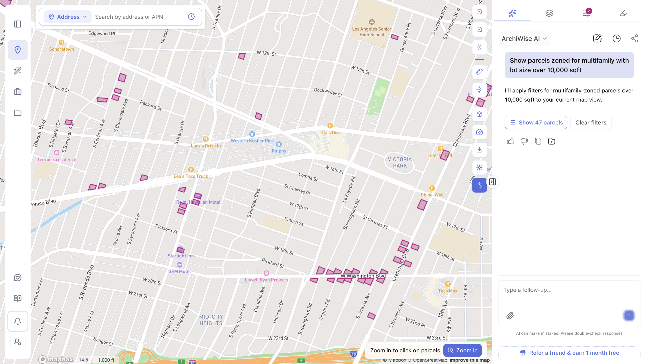 Screenshot of the ArchiWise AI real estate mapping app showing a map of the Mid-City/Victoria Park area of Los Angeles, with multiple parcels highlighted in pink/purple scattered across the neighborhood near Washington Blvd and Crenshaw Blvd. The right panel shows an AI assistant responding to a query for parcels zoned multifamily with a lot size over 10,000 square feet, offering to show 47 matching parcels.