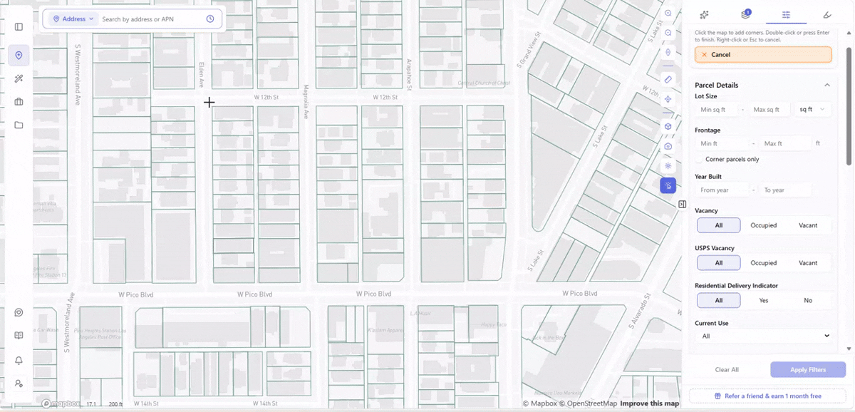 ArchiWise site selection on W Pico Blvd, Los Angeles: filtering by Current Use Commercial, then Improvement Value and Ownership Type, narrowing from 6 to 2 matching parcels shown in the Parcel List.
