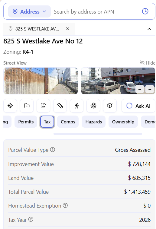 ArchiWise Tax tab for 825 S Westlake Ave showing Gross Assessed parcel value type, Improvement Value $728,144, Land Value $685,315, and Total Parcel Value $1,413,459