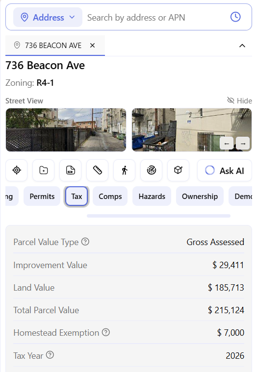 ArchiWise Tax tab for 736 Beacon Ave showing Gross Assessed parcel value type, Improvement Value $29,411, Land Value $185,713, and Total Parcel Value $215,124