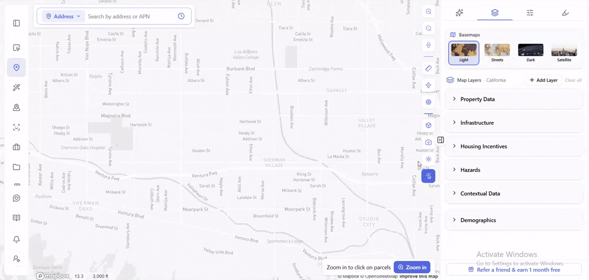 ArchiWise map with Points of Interest, Transit Map Stops, and Traffic Volume layers toggled on together over a San Fernando Valley corridor.