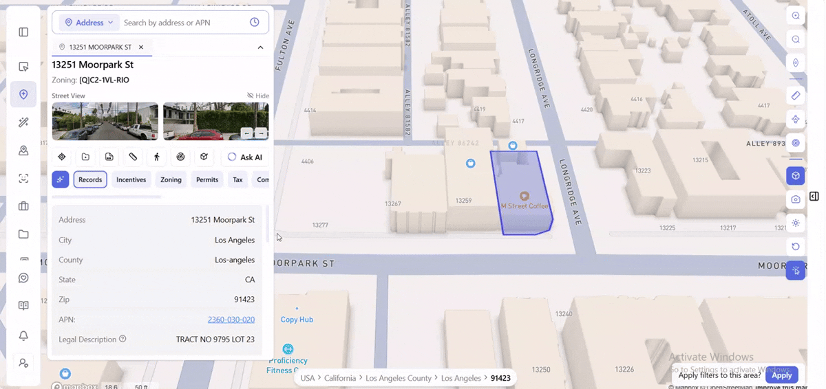 ArchiWise Zoning tab for a Los Angeles parcel, scrolling through zone identity, permitted land uses, dimensional standards, and use permissions.