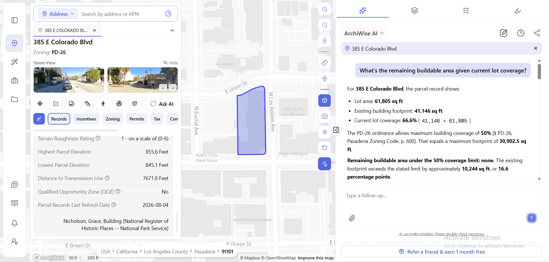 ArchiWise AI calculating remaining buildable area for 385 E Colorado Blvd, showing lot area of 61,805 square feet, existing footprint of 41,146 square feet, 66.6 percent lot coverage, and the PD-26 ordinance 50 percent coverage limit cited to the Pasadena Zoning Code