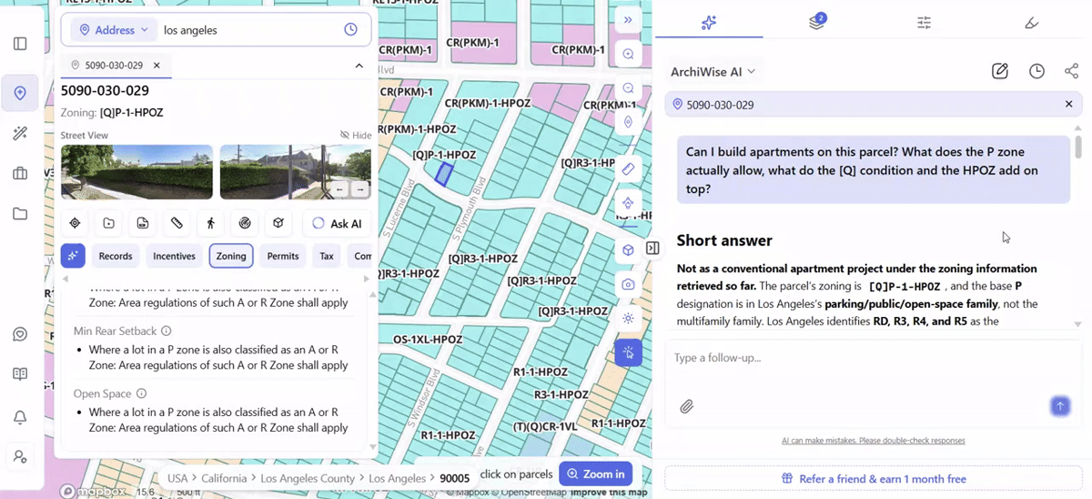 ArchiWise AI answering whether apartments can be built on a Los Angeles parcel zoned [Q]P-1-HPOZ, with cited code sections