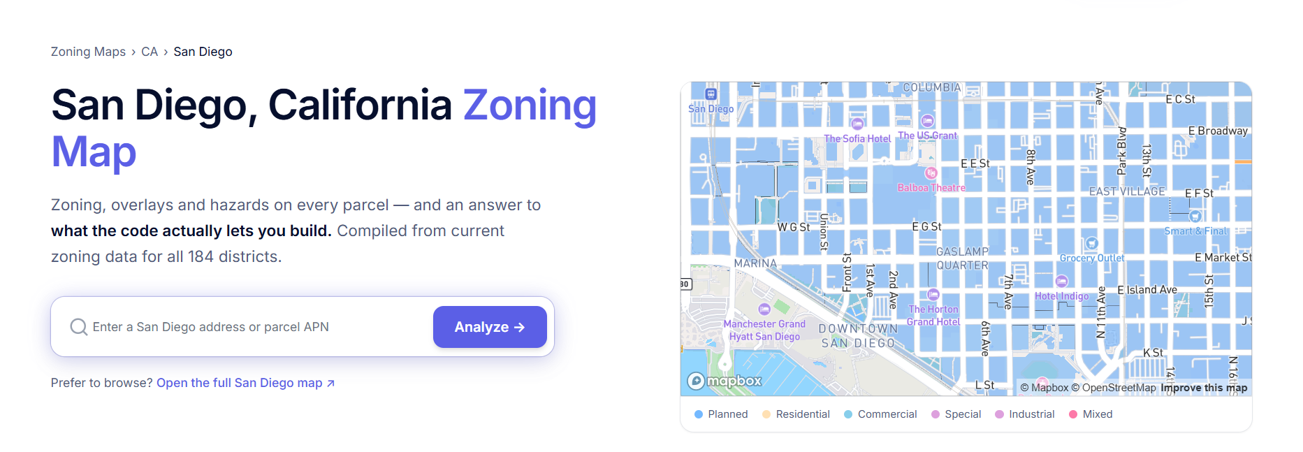 ArchiWise San Diego, California zoning map page showing colour-coded zoning districts across downtown San Diego with an address and APN search