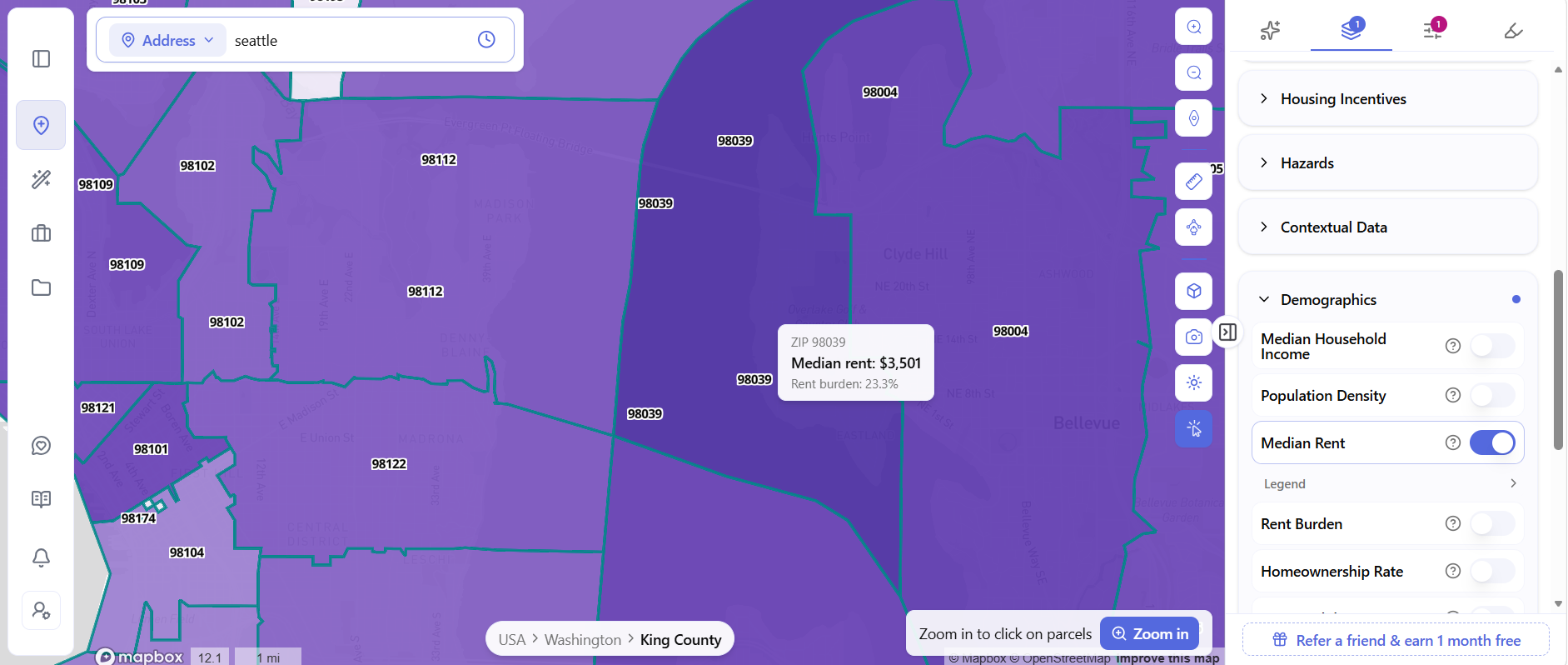 ArchiWise Area Intelligence map showing median rent across the Seattle metro, including ZIP code 98039
