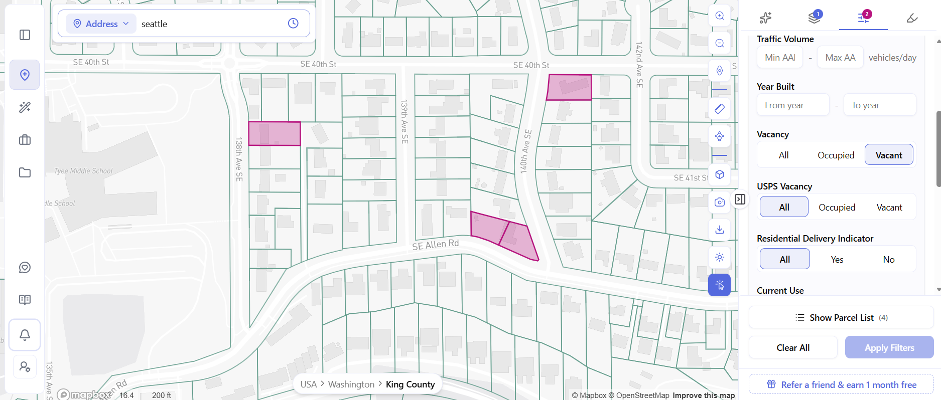 ArchiWise AI Site Selection map showing four vacant development parcels in Bellevue