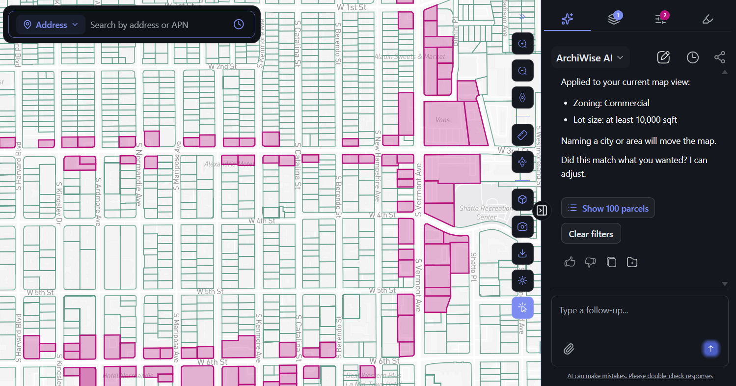 ArchiWise AI applying commercial zoning and minimum lot size filters, with matching parcels shaded across the map
