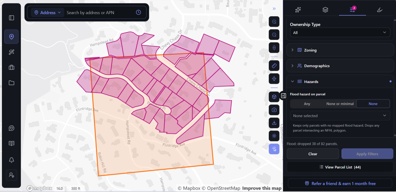 ArchiWise Hazards filter in La Cañada Flintridge, Los Angeles County, dropping 38 of 82 parcels that intersect FEMA-mapped flood hazard zones and keeping 44