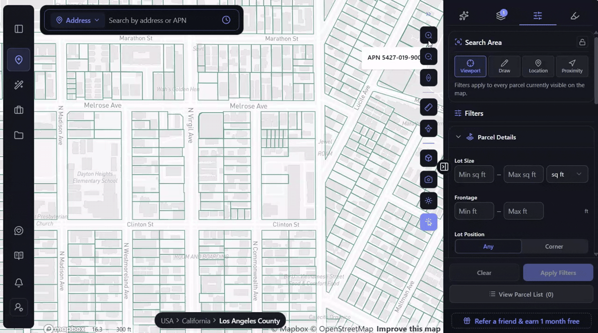 ArchiWise Draw Search Area on Melrose Avenue, Los Angeles, with ownership filters applied returning 28 matching parcels
