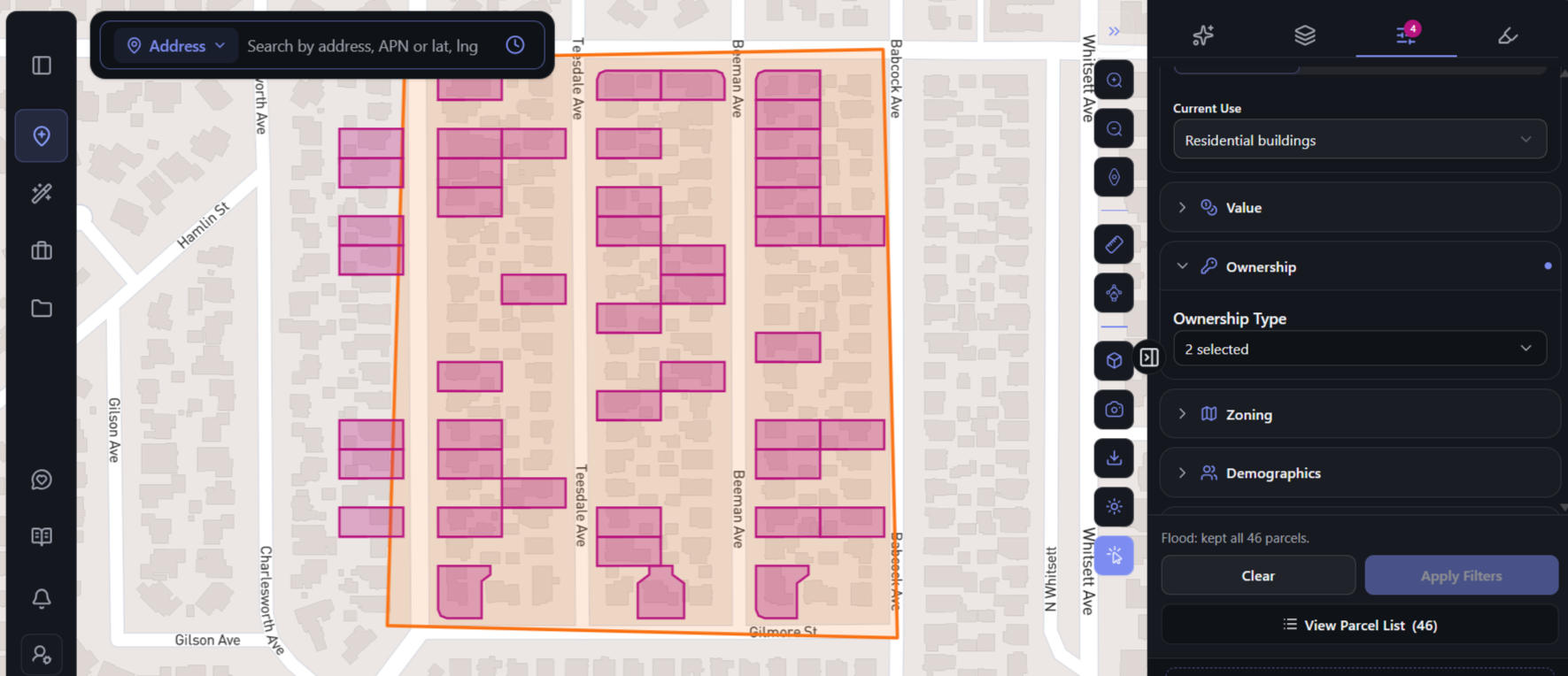 ArchiWise search area with current use, ownership and hazard filters applied, returning 46 matching parcels on a single map