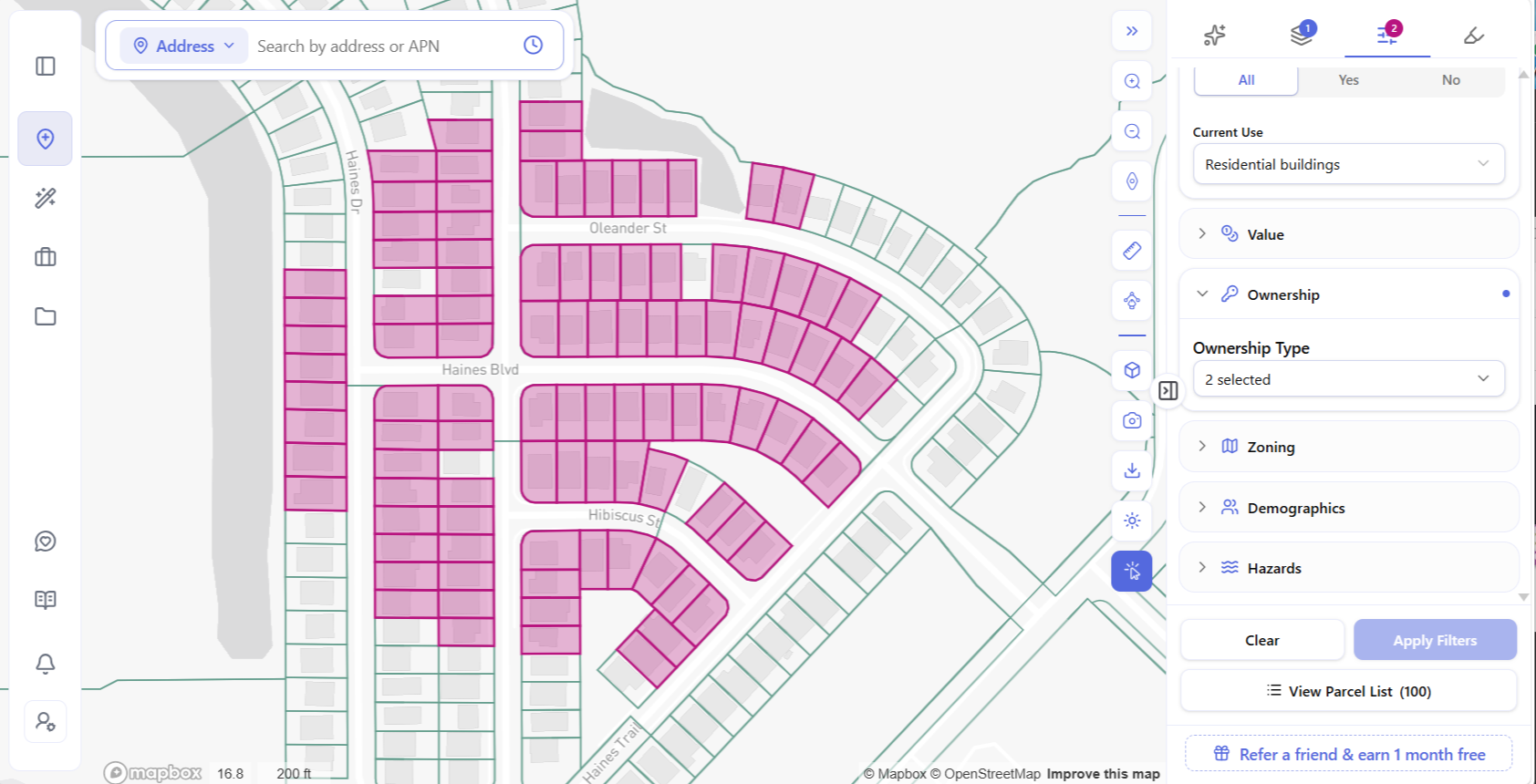 ArchiWise site selection filters returning 100 matching residential parcels across a neighbourhood map, with current use, ownership, zoning and hazard filter groups