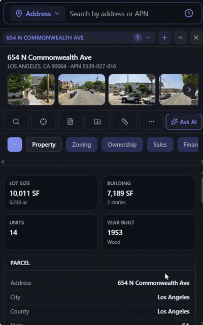 ArchiWise parcel tabs for 654 N Commonwealth Ave, Los Angeles, showing property details and hazard screening