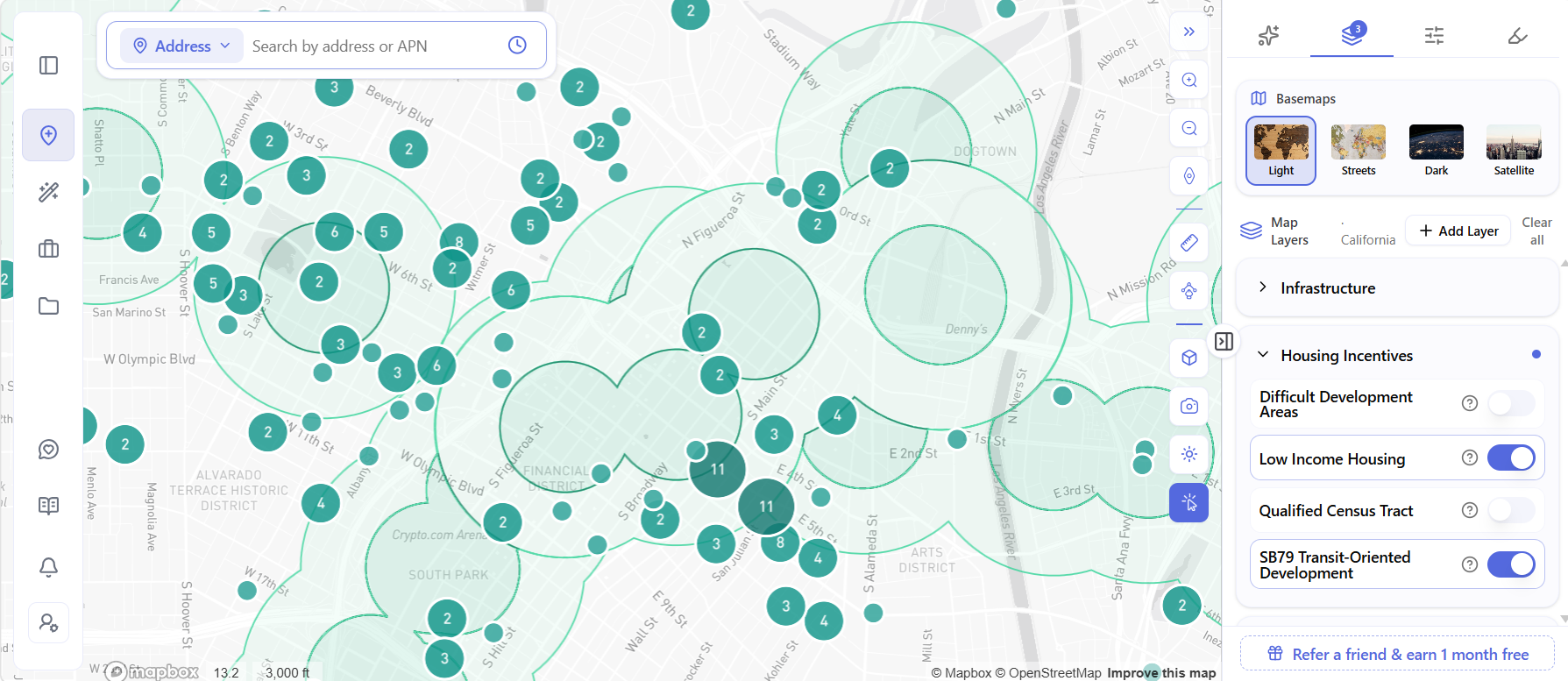 ArchiWise SB79 Transit-Oriented Development map layer over Downtown Los Angeles showing half-mile transit zones with Low Income Housing project clusters