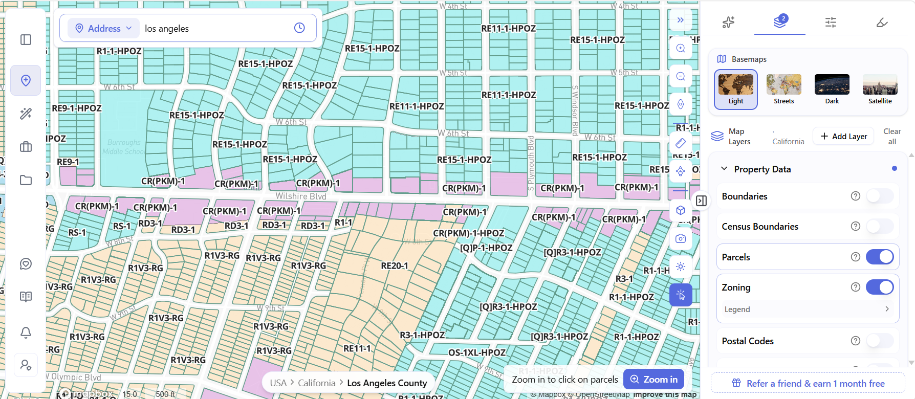 ArchiWise Zoning map layer over Windsor Square, Los Angeles showing parcels labeled with HPOZ, Park Mile and R1 Variation zoning designations