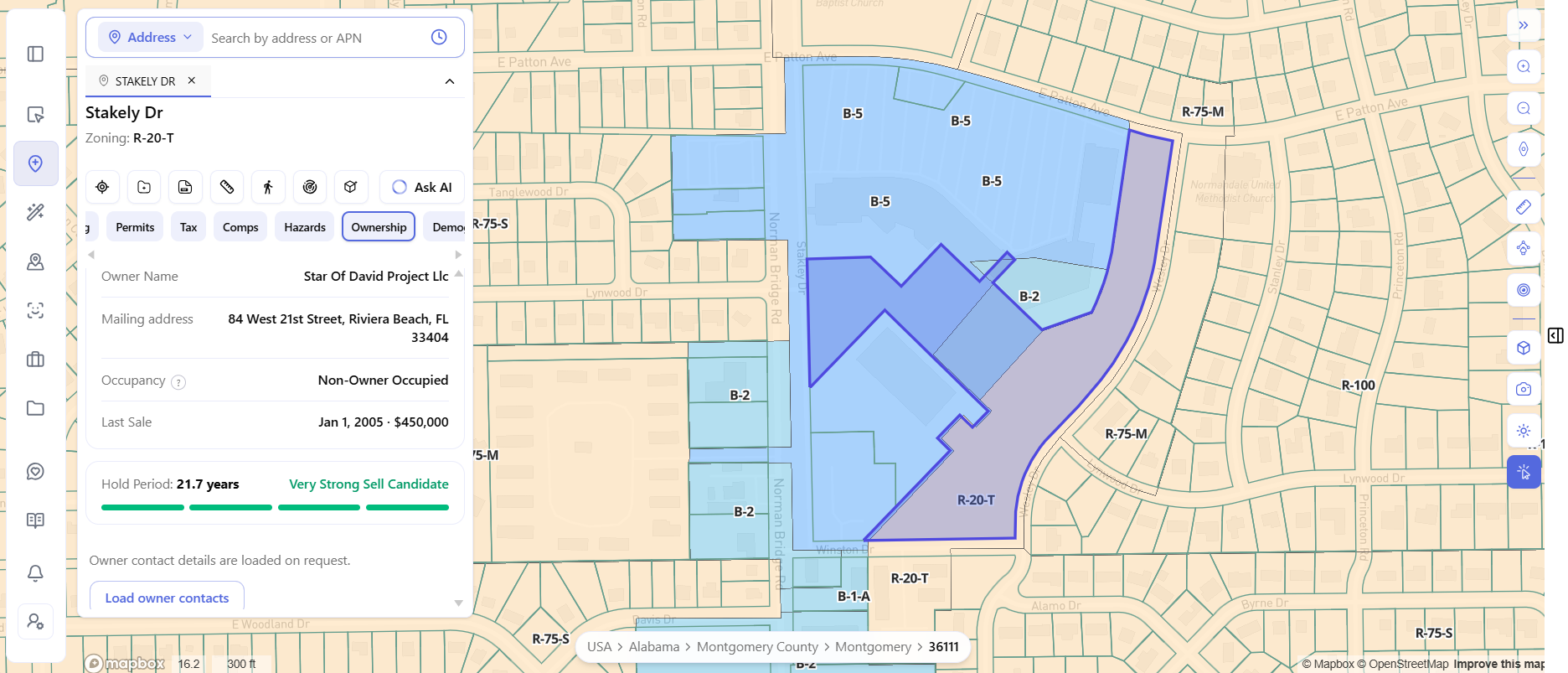 ArchiWise ownership analysis for a Stakely Dr parcel showing LLC ownership, Florida mailing address, non-owner occupancy, and hold period