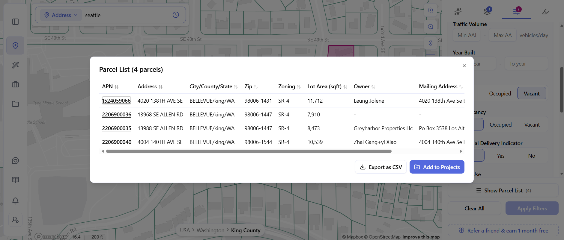 ArchiWise Parcel List showing Bellevue development sites with APN, zoning, lot area, owner, and mailing address