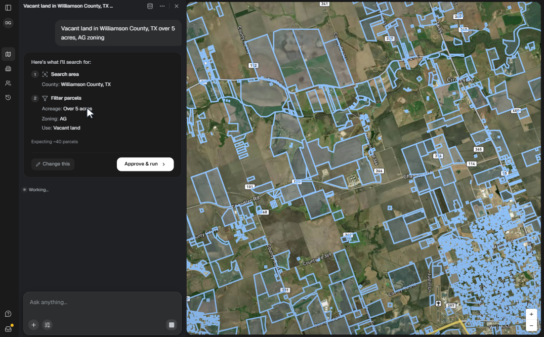 Pillar conversational search interface showing a vacant land query for Williamson County, TX with matching parcels on the map