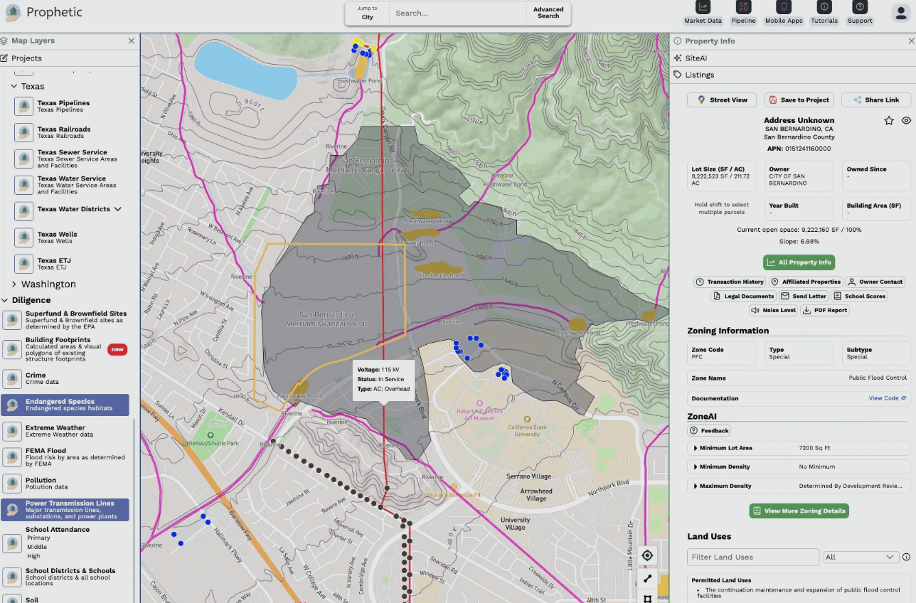 Prophetic map view showing SiteAI property info panel with zoning details and permitted land uses for a San Bernardino County parcel