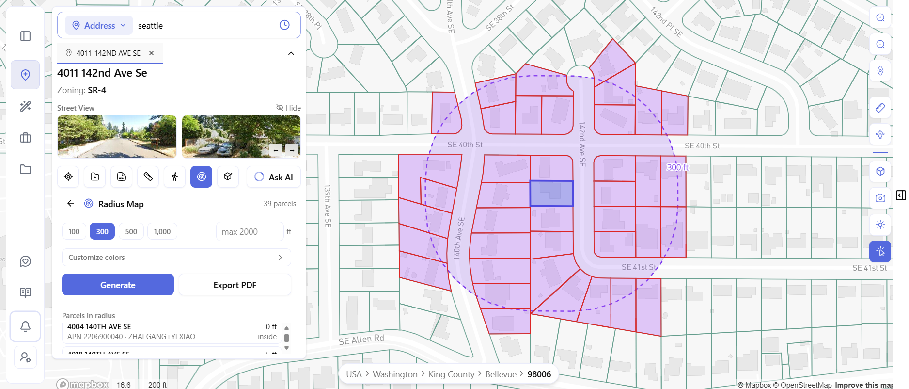 ArchiWise Radius Map showing 39 parcels within 300 feet of a Bellevue development site for land assembly and ownership research