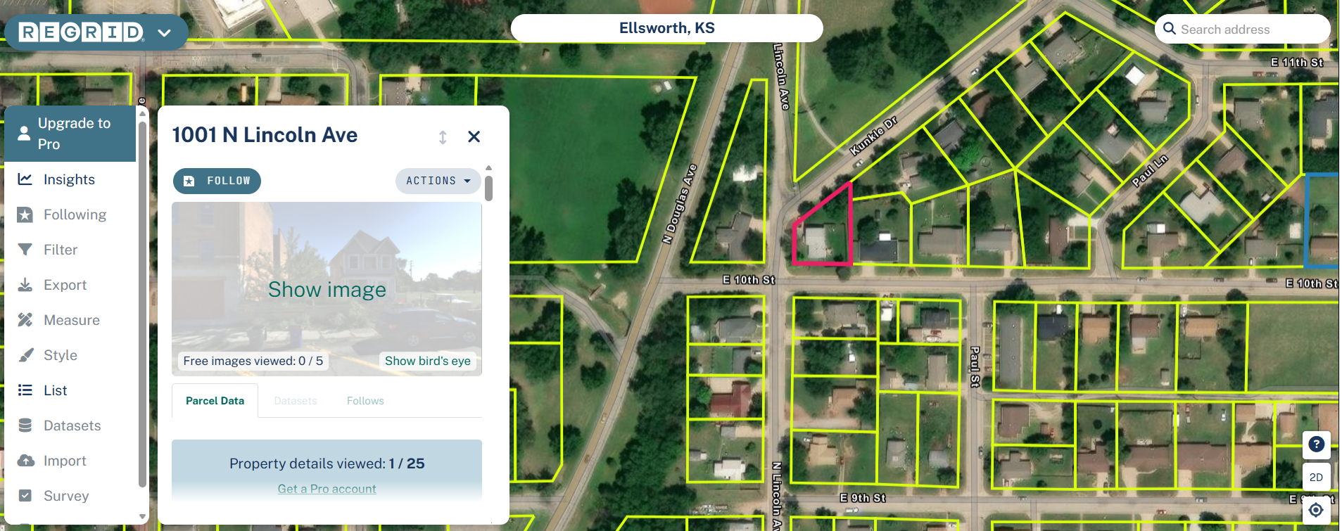 Regrid parcel map of Ellsworth, KS showing standardized parcel boundaries and GIS sidebar tools