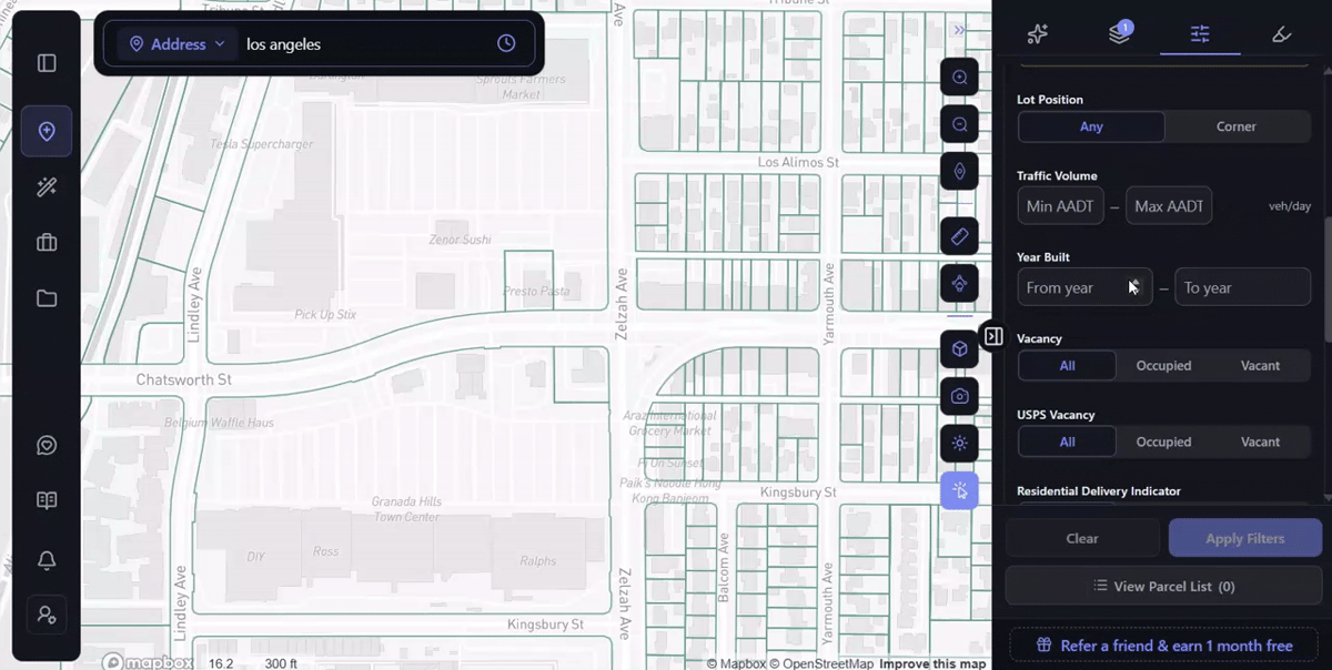ArchiWise parcel filters for traffic volume and occupancy returning 21 matching parcels around the Granada Hills Town Center, Los Angeles