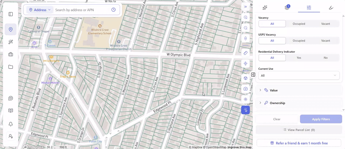 ArchiWise zoning code filter selecting R2-1 Two Family Residential and highlighting 83 matching parcels on the map