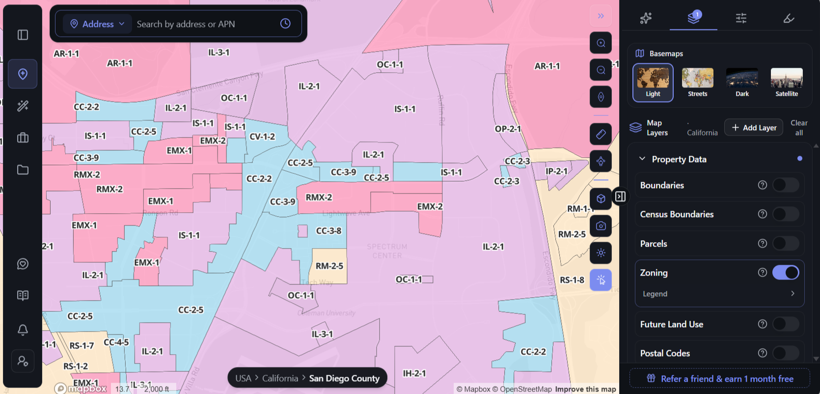 Zoning districts labelled block by block across San Diego County, with CC-2-5, IS-1-1, EMX-1, RMX-2 and IL-2-1 adjoining each other