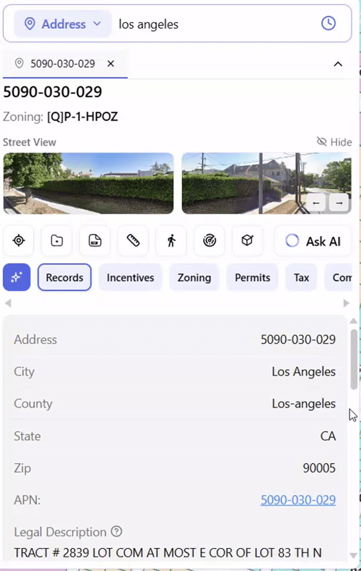 ArchiWise Zoning tab for a Los Angeles parcel showing permitted, conditional and prohibited land uses